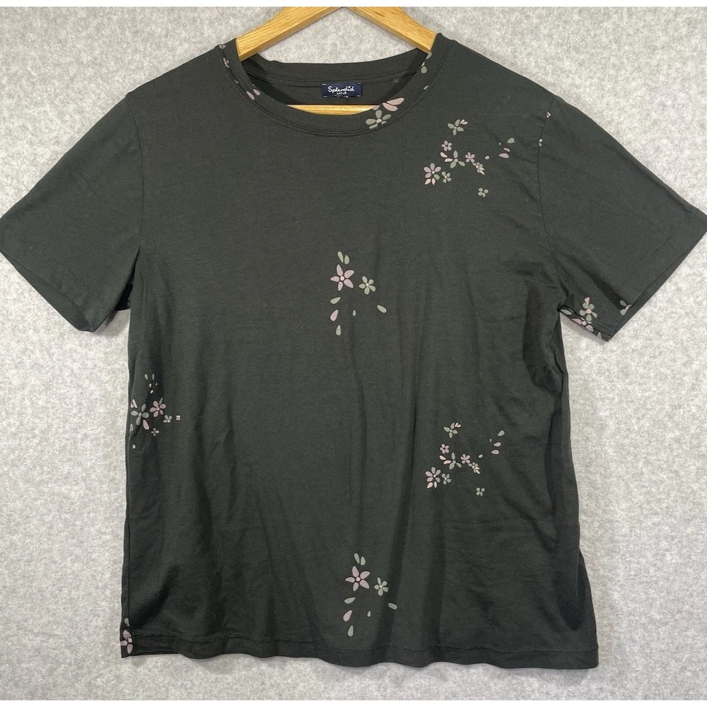 Splendid‎ Top Womens Large Dark Green Purple Floral Crew Short Sleeve T-Shirt